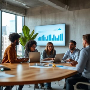 The image depicts a sleek, modern office space bathed in natural light, showcasing a collaborative work environment