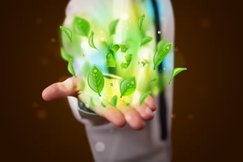 Young business man in suit presenting eco green leaf recycle energy concept